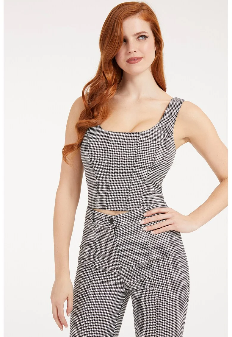 Top crop cu model houndstooth, Alb/Negru