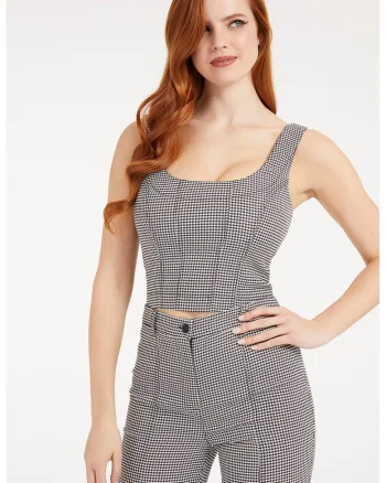 Top crop cu model houndstooth, Alb/Negru