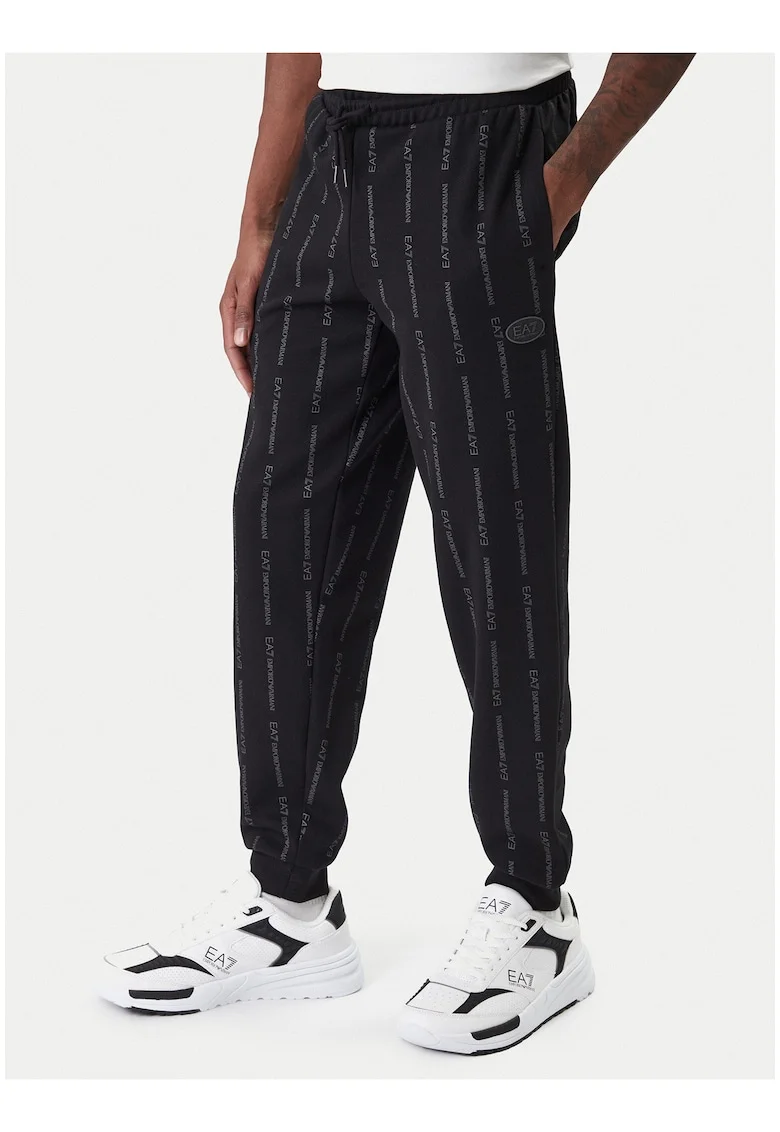 Pantaloni sport barbati,  negru, bumbac si poliester, croiala dreapta, mansete elastice,