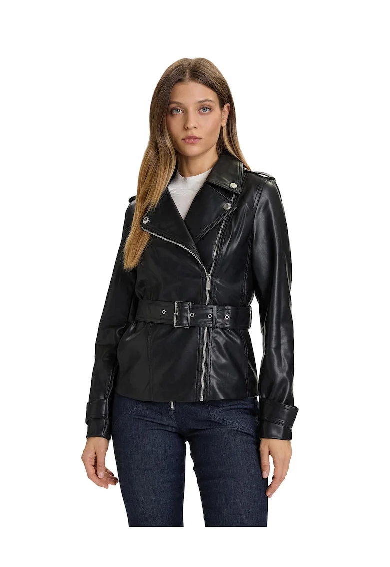 Geaca dama,  piele ecologica, neagra, cu fermoar,