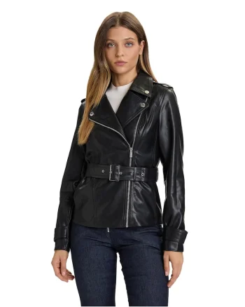 Geaca dama,  piele ecologica, neagra, cu fermoar,