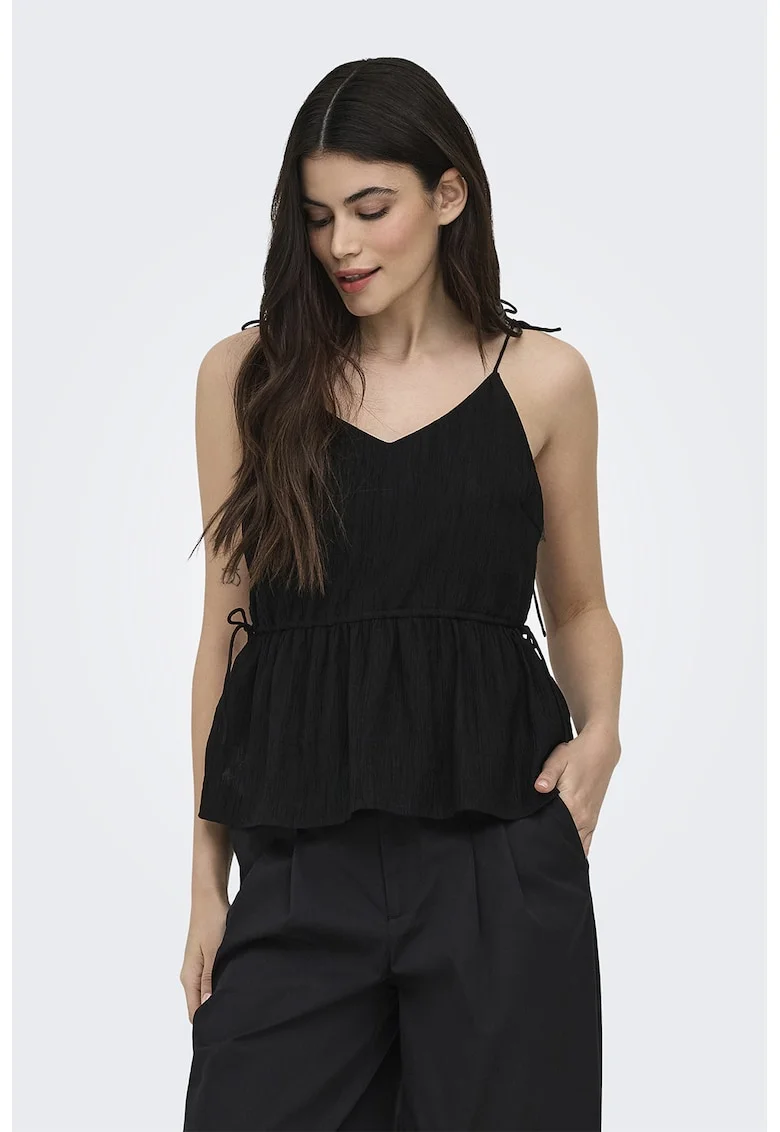 Top evazat cu bretele inguste legate pe umar, Negru