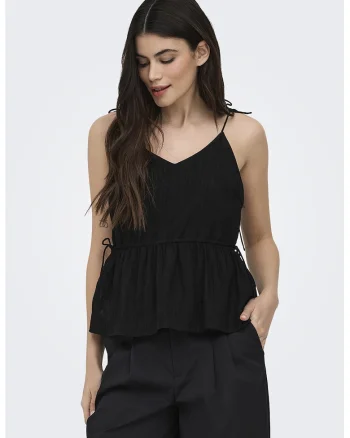 Top evazat cu bretele inguste legate pe umar, Negru