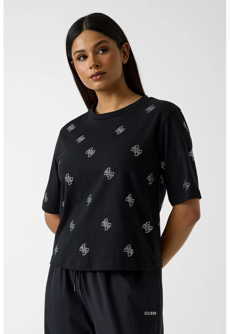 Tricou cu logo din strasuri, pentru fitness, Negru