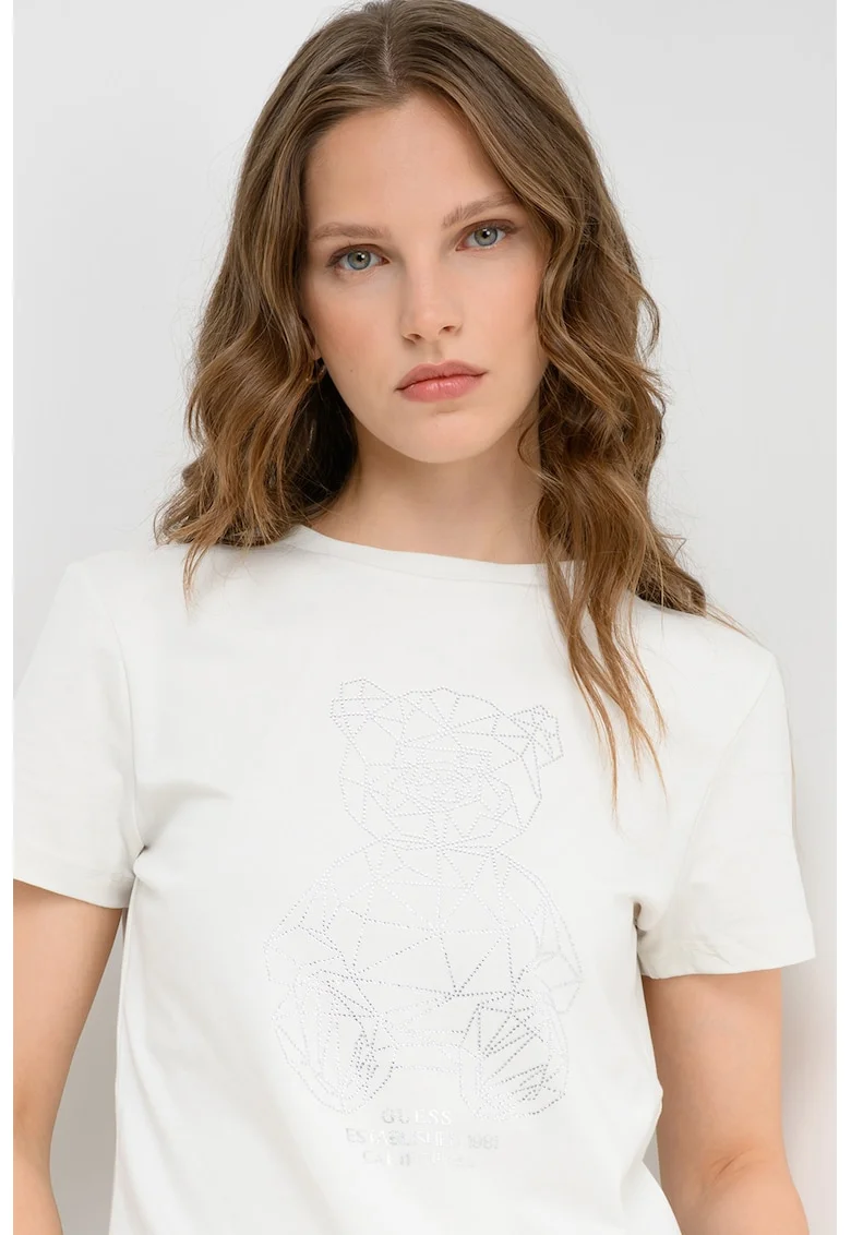 Tricou cu decolteu la baza gatului si imprimeu logo, Alb murdar