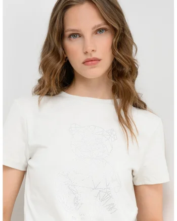 Tricou cu decolteu la baza gatului si imprimeu logo, Alb murdar