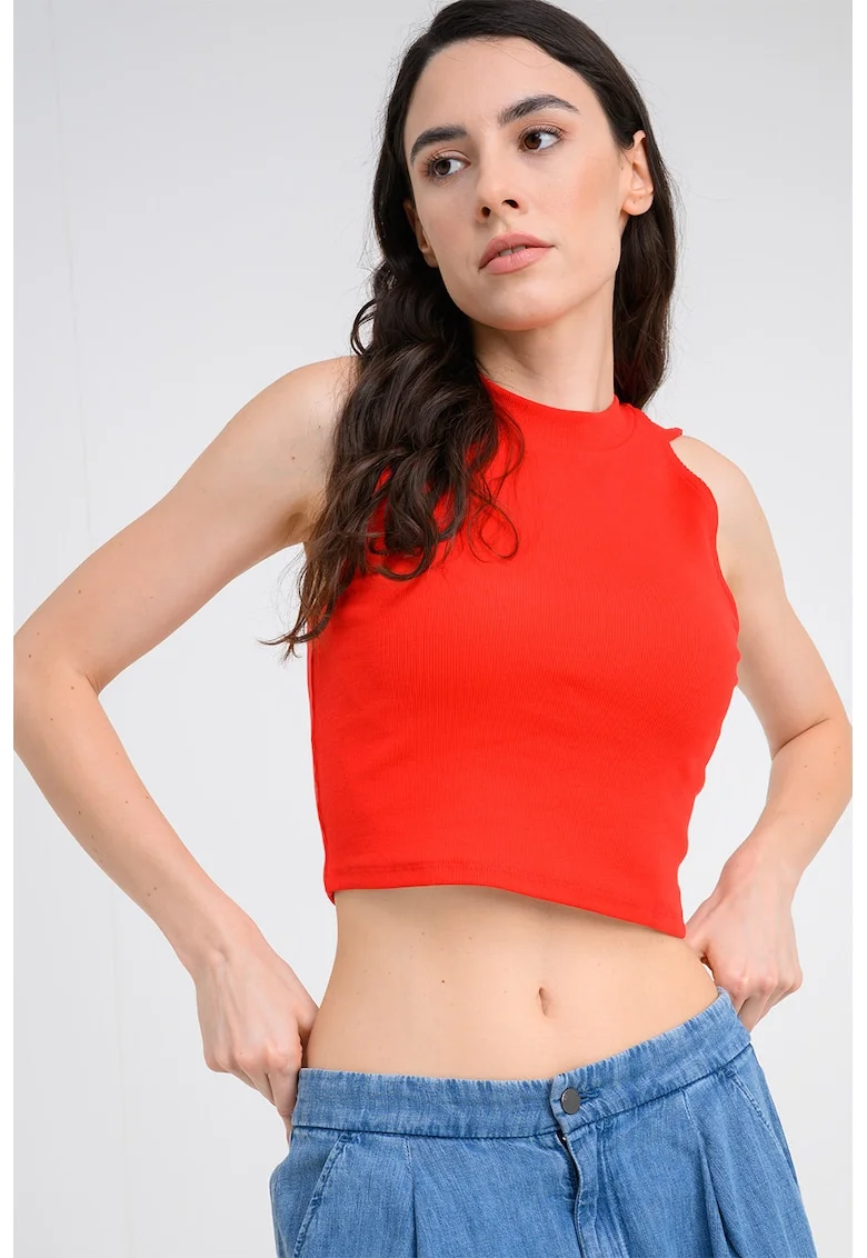 Top crop din amestec de bumbac cu decolteu la baza gatului, Rosu