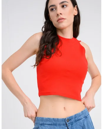 Top crop din amestec de bumbac cu decolteu la baza gatului, Rosu