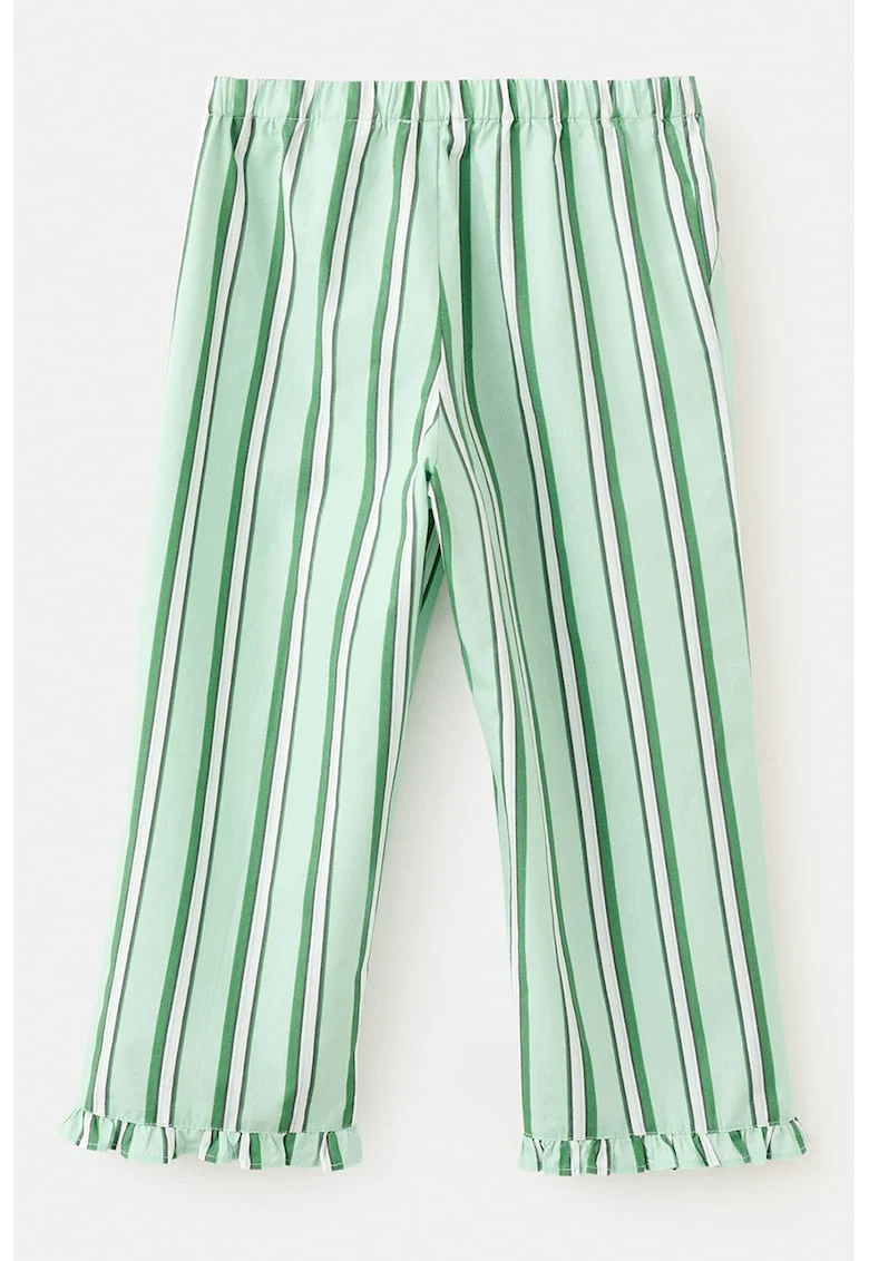Pantaloni in dungi cu terminatii cu volane, Alb/Verde deschis