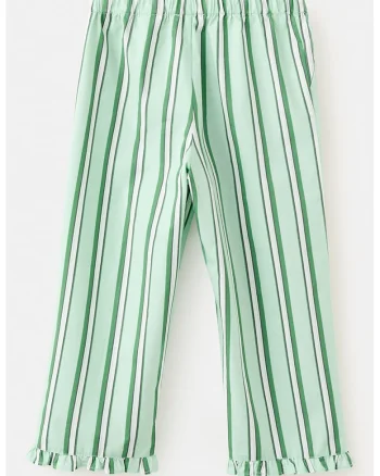 Pantaloni in dungi cu terminatii cu volane, Alb/Verde deschis