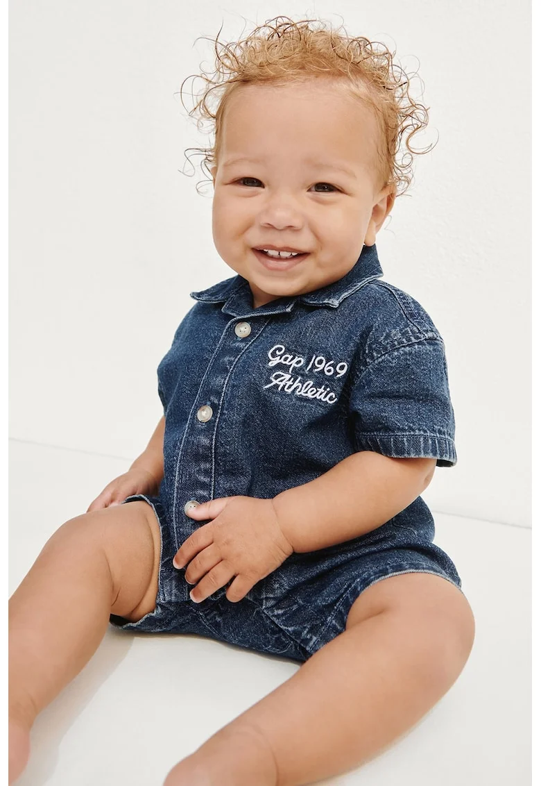 Salopeta scurte din denim cu logo brodat, Albastru inchis