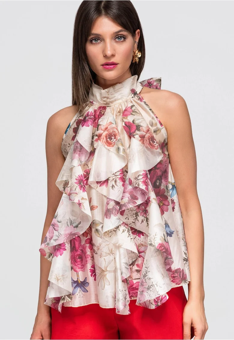 Bluza dama cu decolteu halter, maneci scurte, imprimeu floral OW-TS-E0040, Roz
