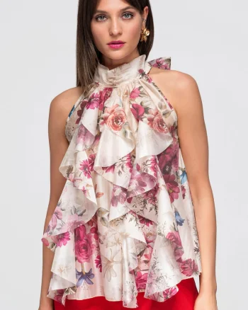Bluza dama cu decolteu halter, maneci scurte, imprimeu floral OW-TS-E0040, Roz