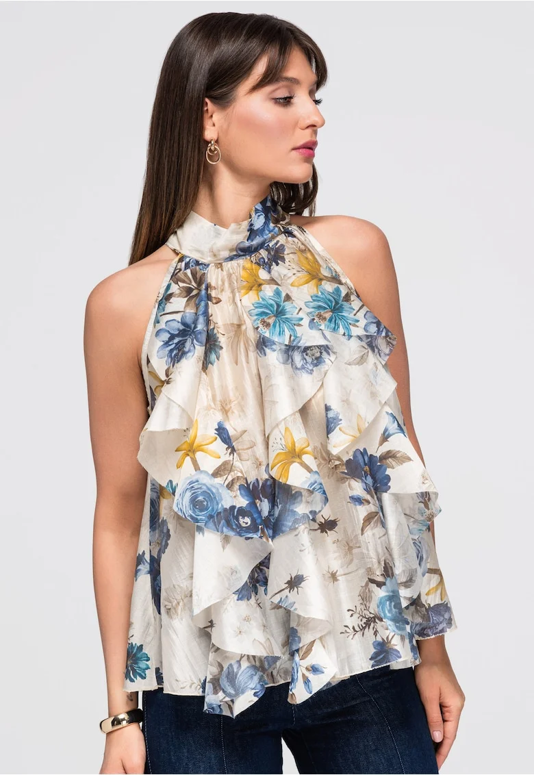 Bluza dama cu decolteu halter, maneci scurte, imprimeu floral OW-TS-E0040, Albastru