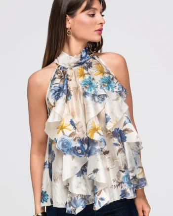 Bluza dama cu decolteu halter, maneci scurte, imprimeu floral OW-TS-E0040, Albastru
