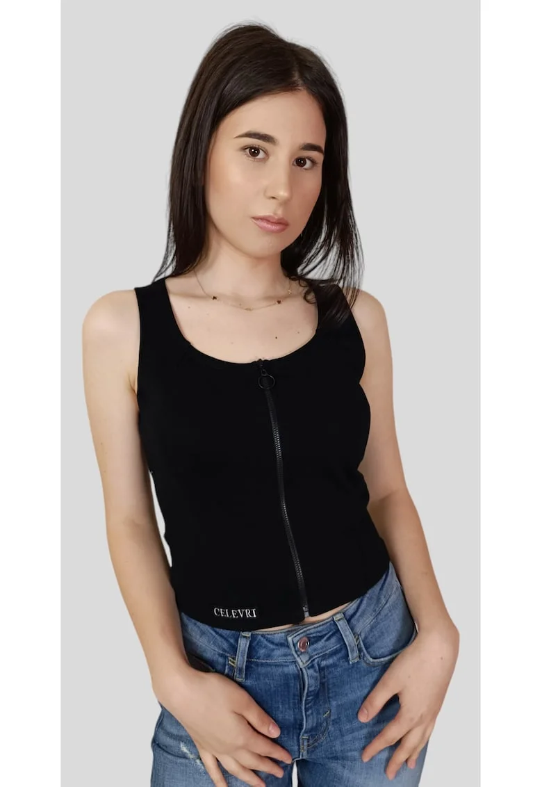 Top elegant cu fermoar de dama din bumbac premium, Negru