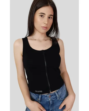 Top elegant cu fermoar de dama din bumbac premium, Negru