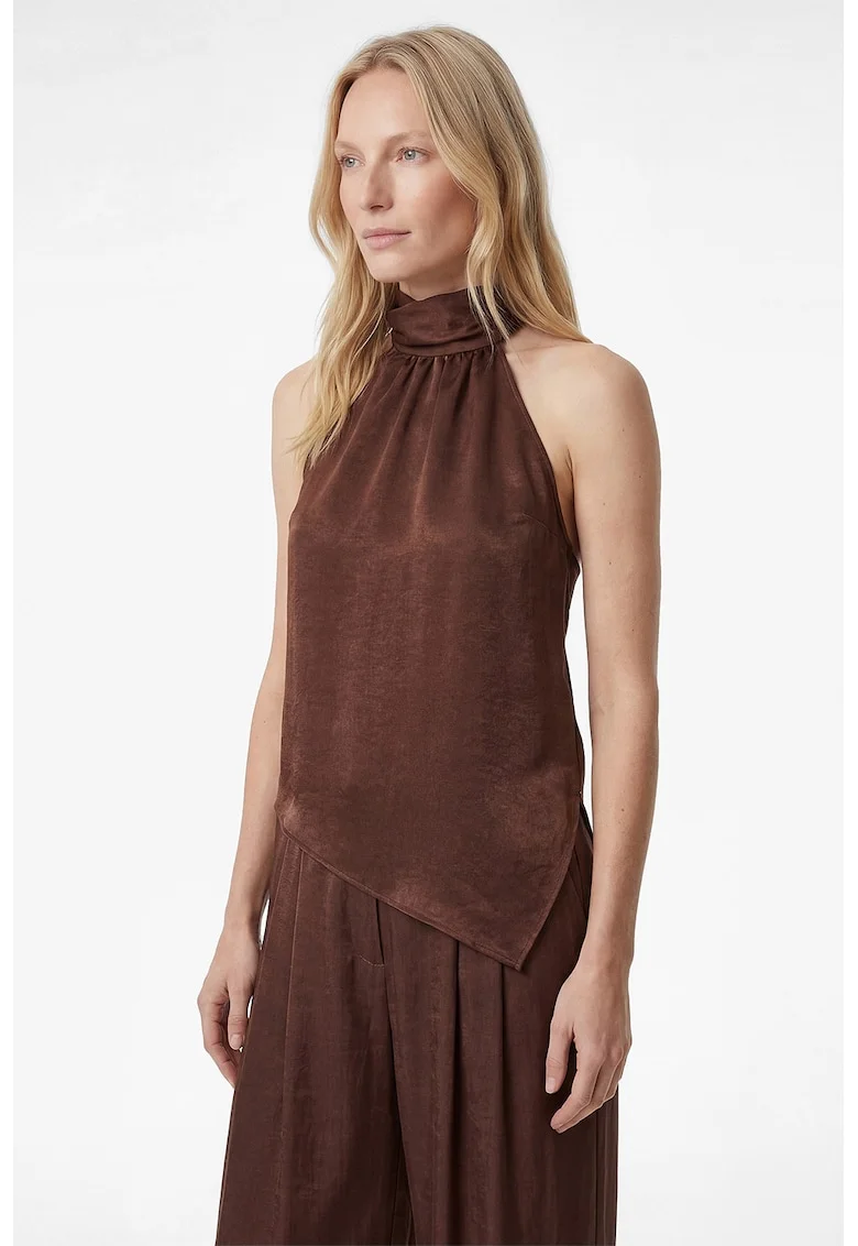 Top asimetric cu decolteu halter, Maro cognac