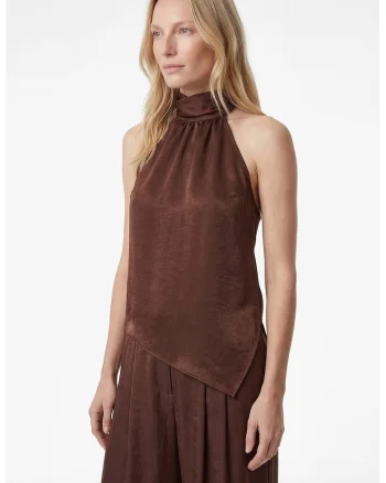 Top asimetric cu decolteu halter, Maro cognac