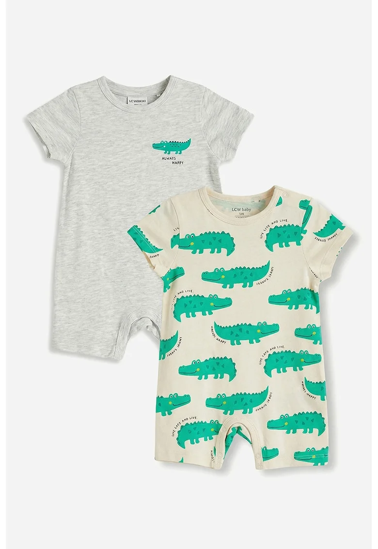Set de salopete de bumbac cu model crocodil - 2 piese, Verde/Galben pal/Gri deschis melange