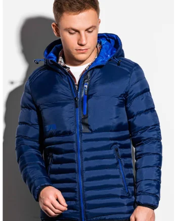 Geaca matlasata cu gluga si vatelina, Bleumarin