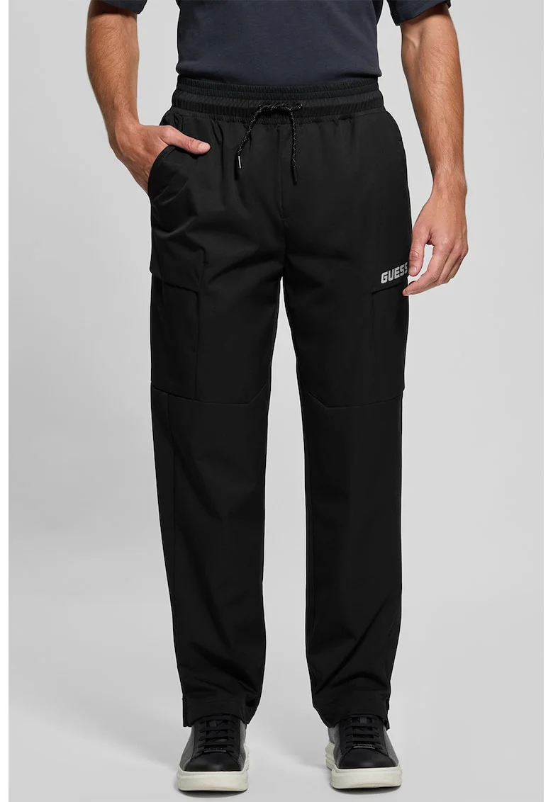 Pantaloni cargo drepti cu snur, pentru fitness, Negru