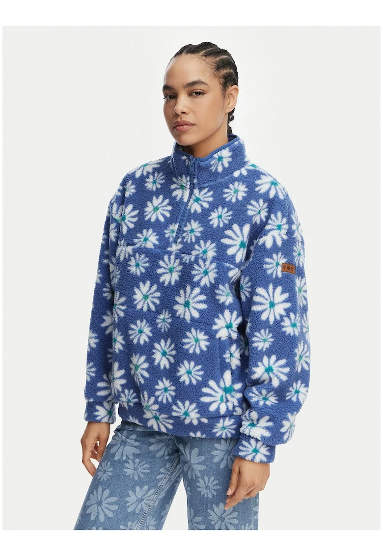 Polar dama,  model floral, albastru, material sintetic/poliester, croiala oversize
