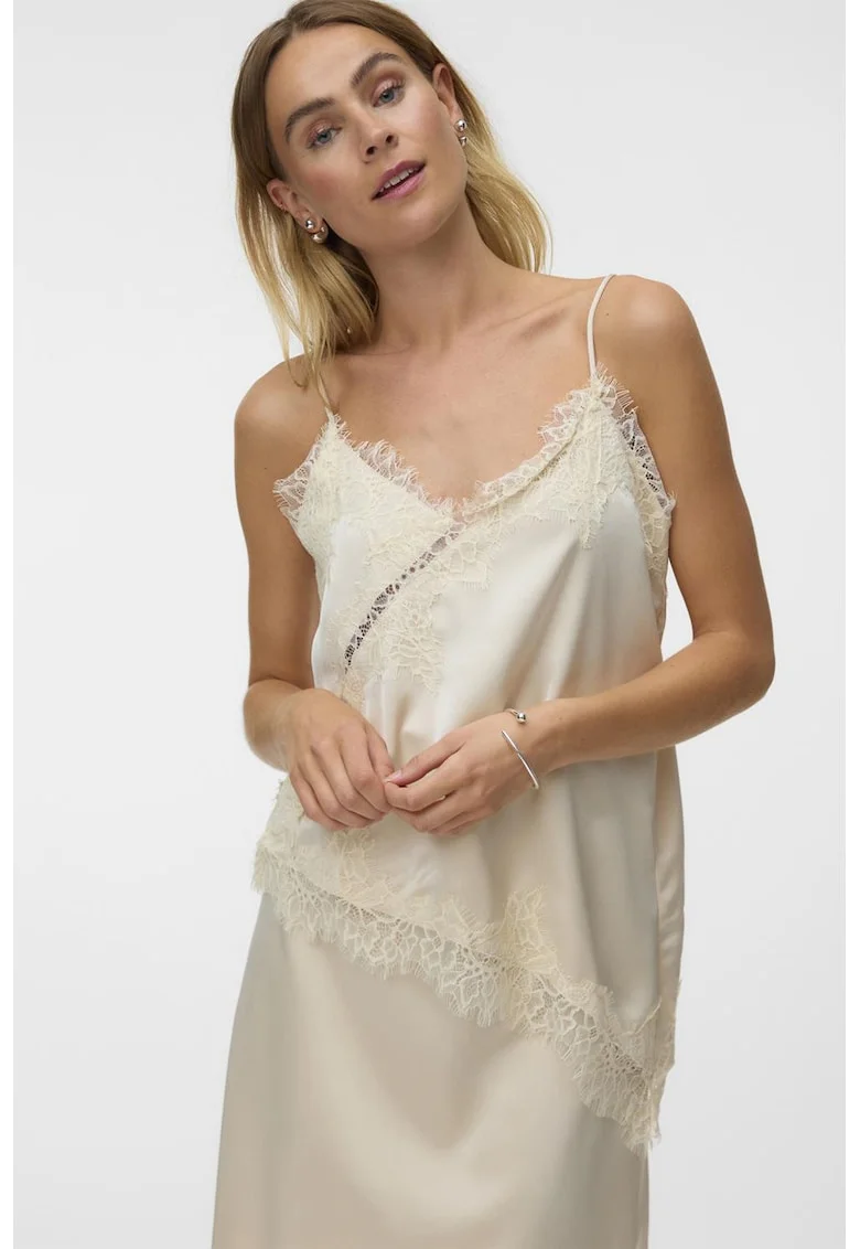 Top asimetric de satin si dantela, Bej deschis