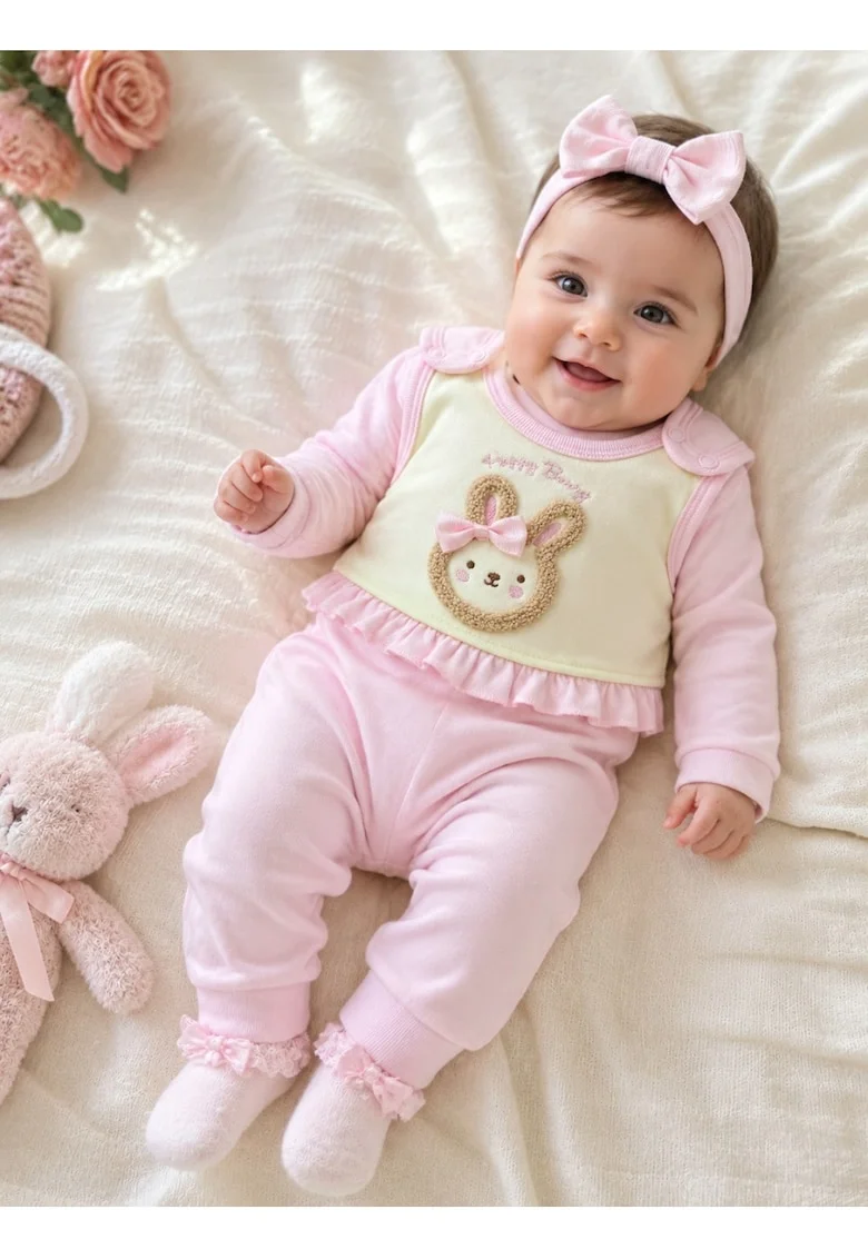 Set bebe fetita 2 piese roz cu salopeta si bluza iepuras din bumbac