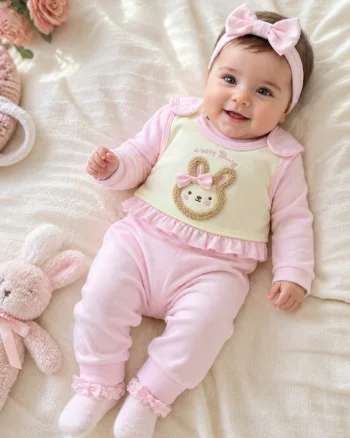 Set bebe fetita 2 piese roz cu salopeta si bluza iepuras din bumbac