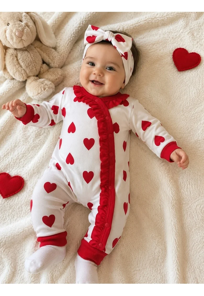 Salopeta bebe fetita alba cu inimioare rosii si volanase decorative si bentita