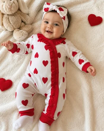 Salopeta bebe fetita alba cu inimioare rosii si volanase decorative si bentita