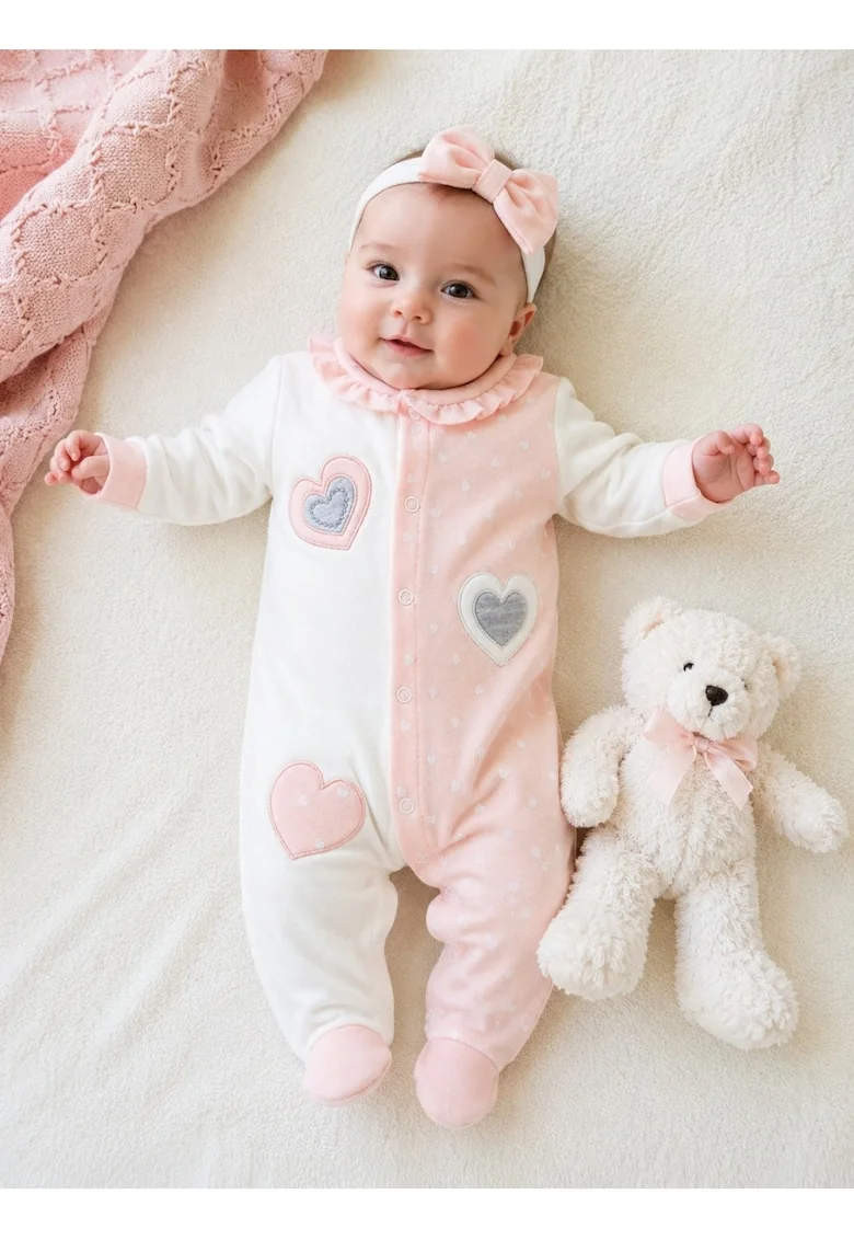 Salopeta bebe fetita roz alb cu bentita si inimioare din bumbac premium