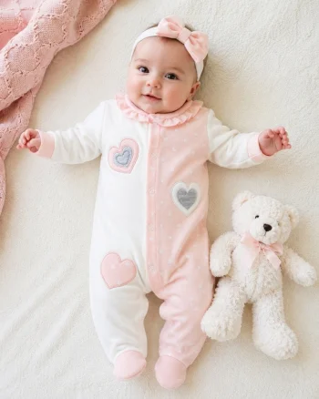 Salopeta bebe fetita roz alb cu bentita si inimioare din bumbac premium