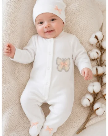 Salopeta bebe fetita alba cu caciulita si aplicatie fluture eleganta din bumbac