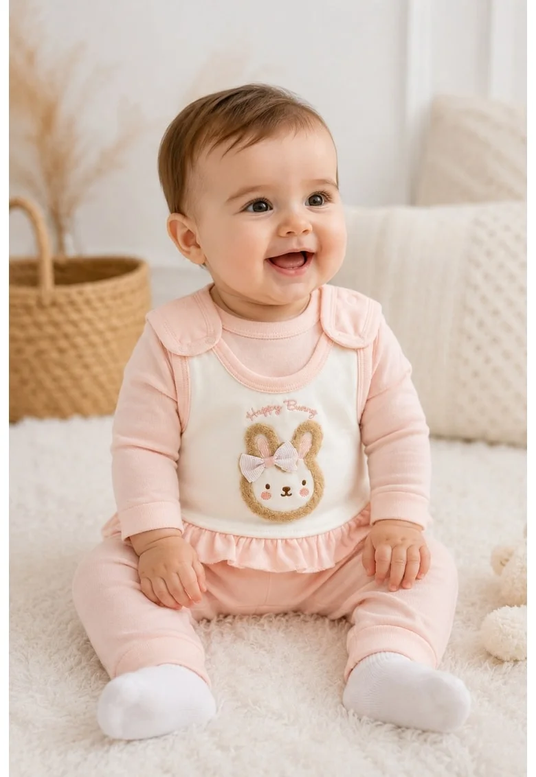 Set bebe fetita 2 piese roz pudra cu salopeta iepuras si bluza din bumbac