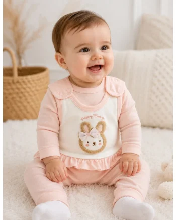 Set bebe fetita 2 piese roz pudra cu salopeta iepuras si bluza din bumbac