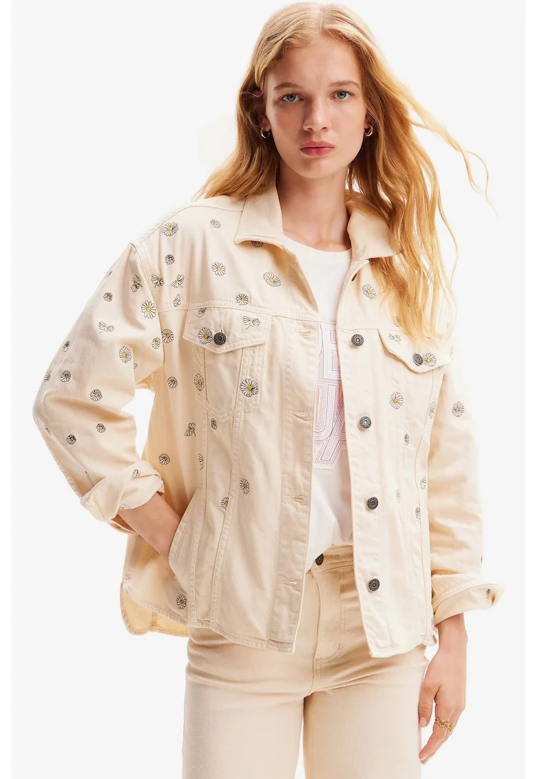Jacheta din denim cu model floral