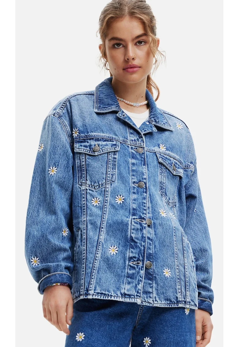 Jacheta lejera din denim cu model floral,
