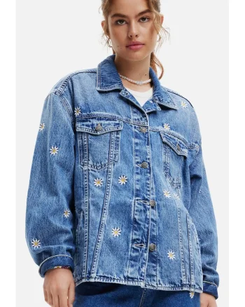Jacheta lejera din denim cu model floral,
