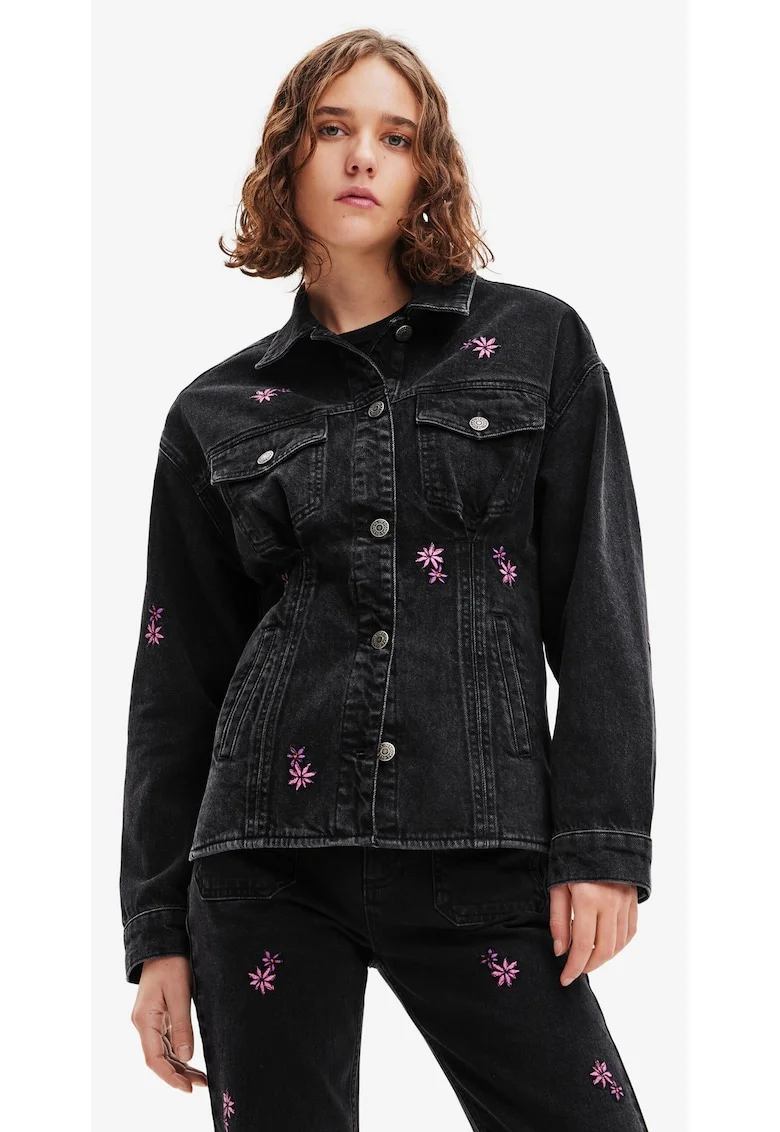 Jacheta din denim cu imprimeu floral,