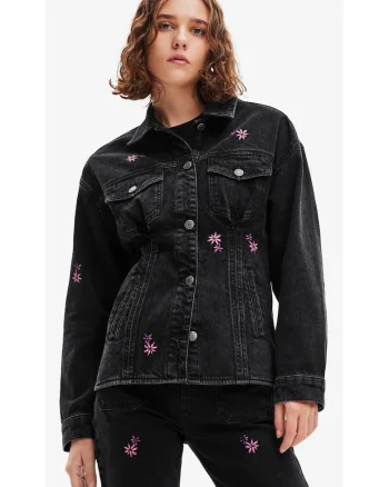 Jacheta din denim cu imprimeu floral,