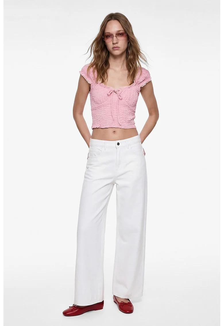 Top crop cu aspect texturat, Roz deschis