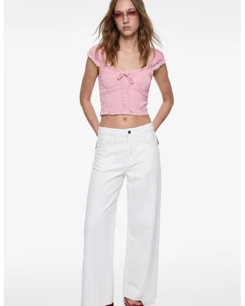 Top crop cu aspect texturat, Roz deschis