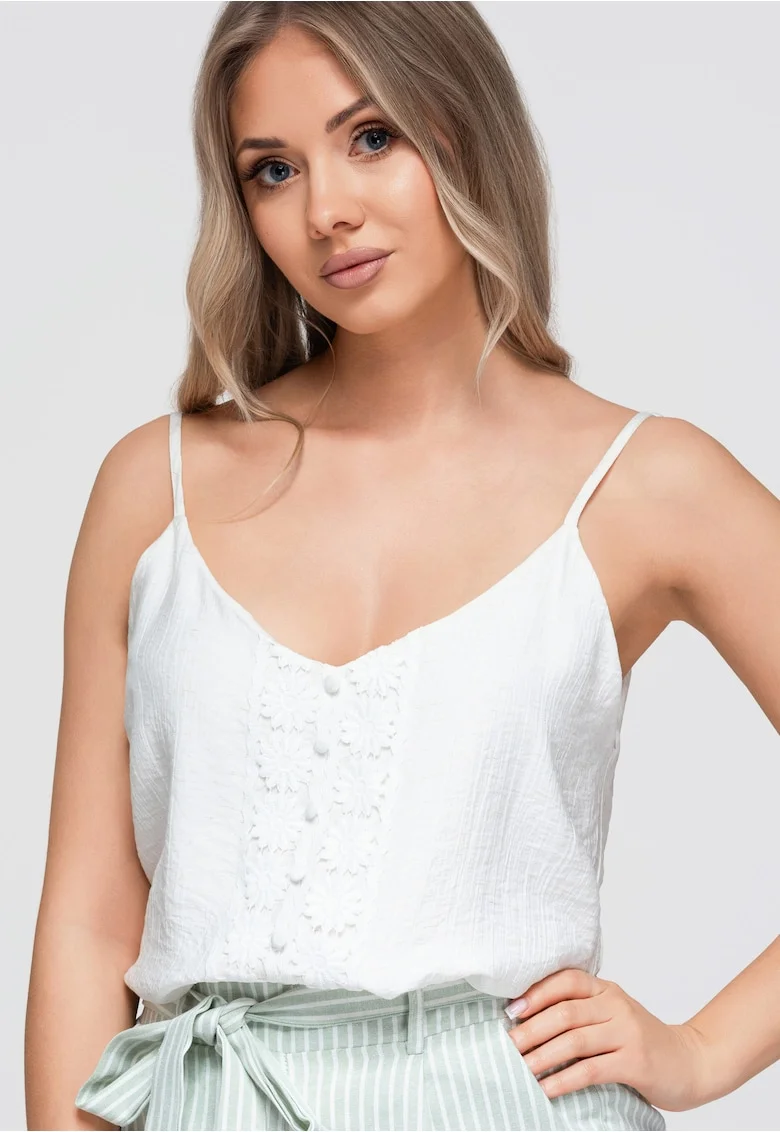 Top dama cu decolteu in V, ramite reglabile, broderie, fit lejer OW-TS-E0055, Alb