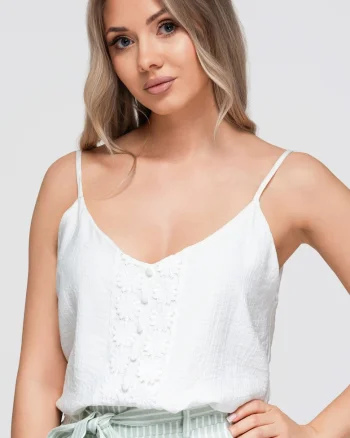 Top dama cu decolteu in V, ramite reglabile, broderie, fit lejer OW-TS-E0055, Alb