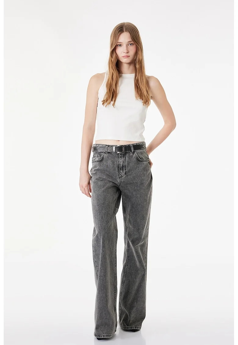 Top slim fit cu decolteu la baza gatului, Alb murdar