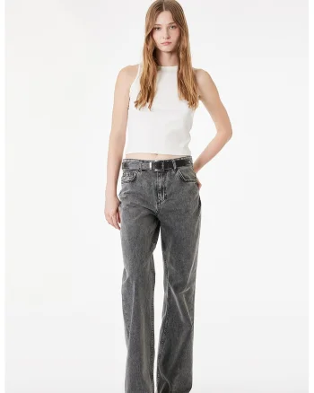 Top slim fit cu decolteu la baza gatului, Alb murdar