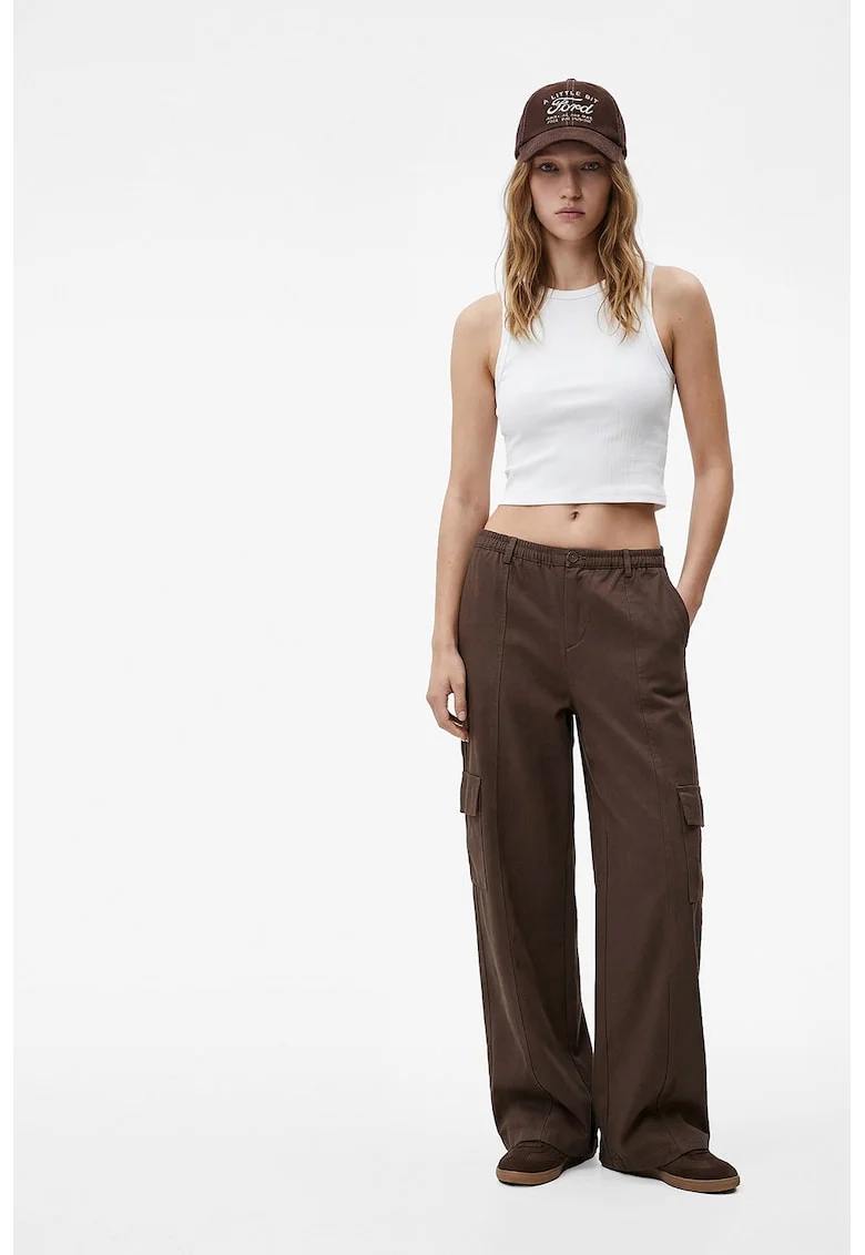 Top crop slim fit striat, Alb