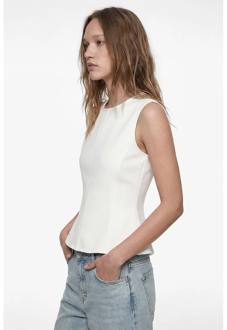 Top slim fit cu terminatie peplum, Alb fildes